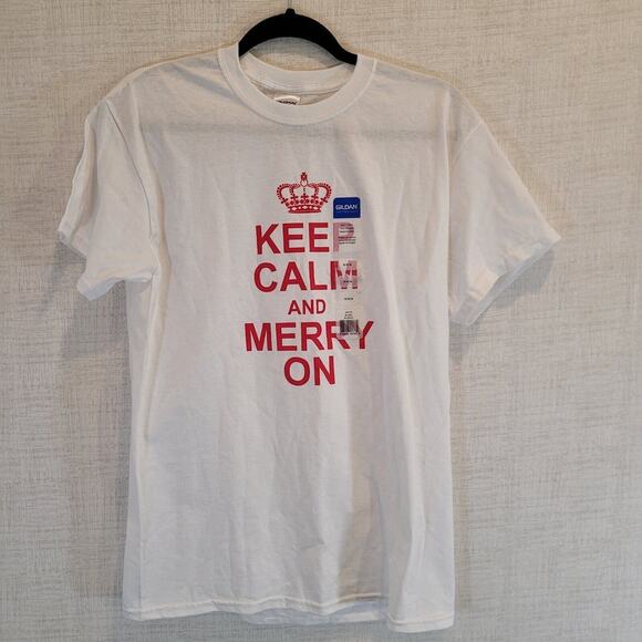 Gildan Keep Calm And Merry On T Shirt Christmas White Adult Medium New NWT - Picture 1 of 6